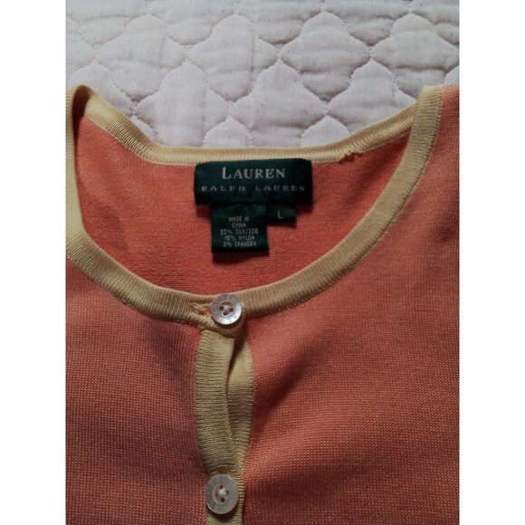 Women's Ralph Lauren Green Label Cardigan Peach Yellow Accents Size Large - Picture 6 of 13